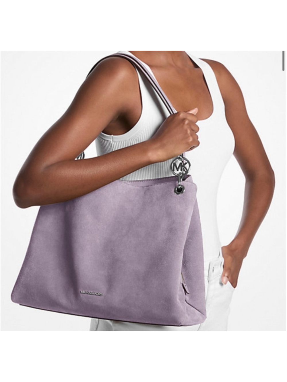 NWOT Women's Michael Kors Christina Large Shoulder Bag Suede LT Quartz SKU772 - Picture 2 of 12